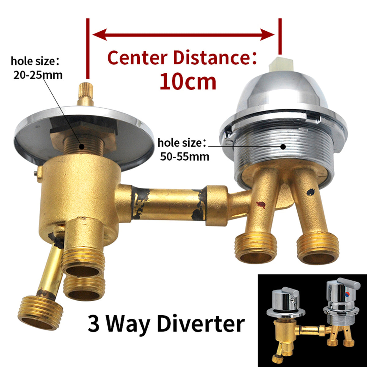 2/3 Way Solid Brass Mixer Tub Tap, Cold & Hot Water Shower Diverter Valve, Hole Distance 10cm/12.5cm